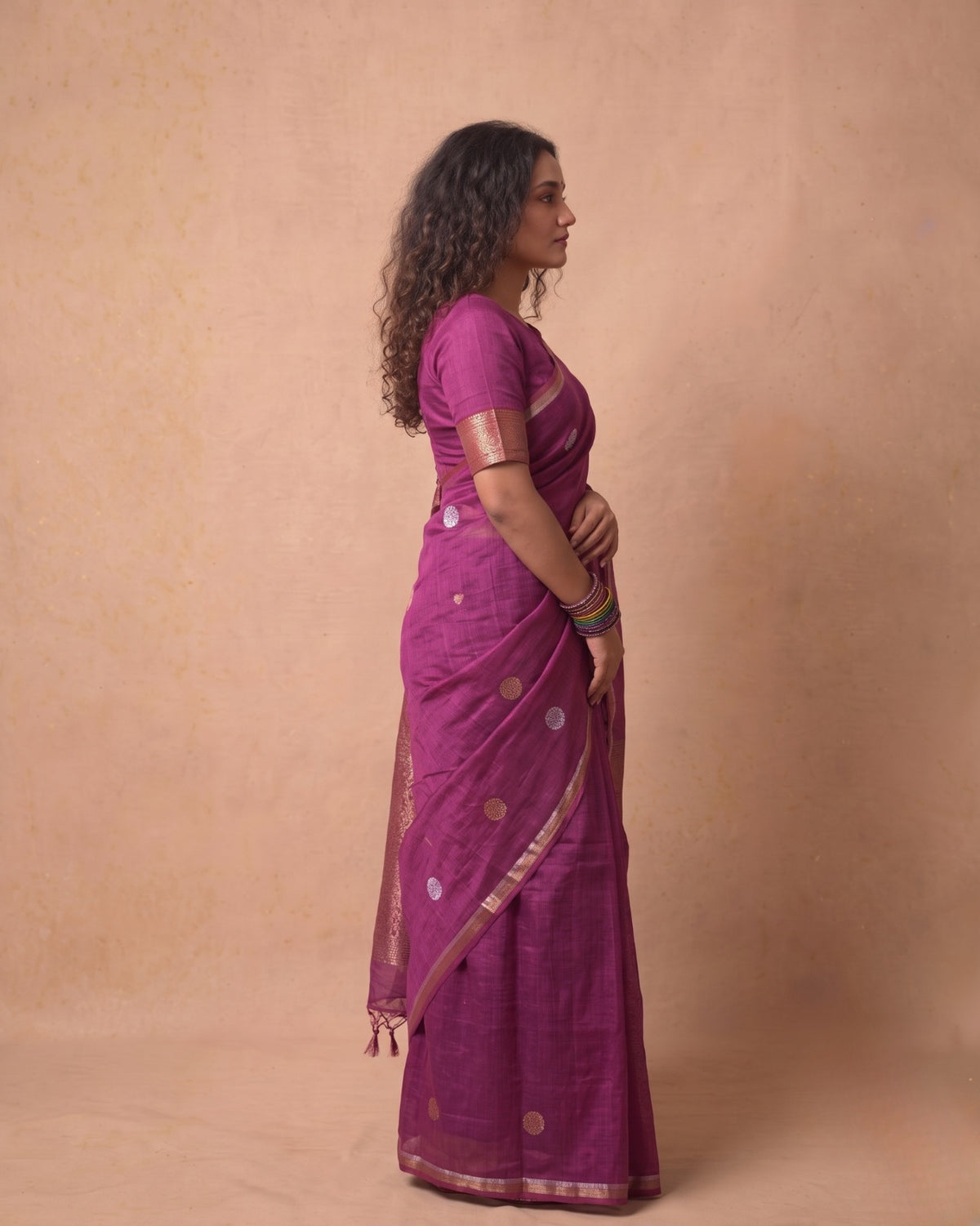 Tissue Tussar Saree in Deep Magenta with Zari Border & Tassels