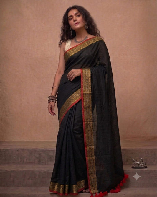 Black mulmul cotton saree Red kanchi border