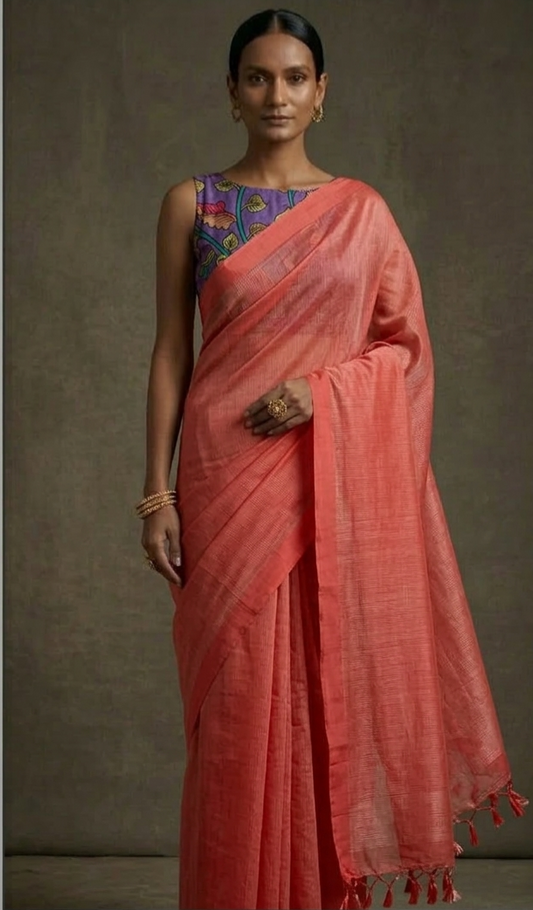 Peach red color mangalgiri cotton sarees with hand-painted kalamkari bP .