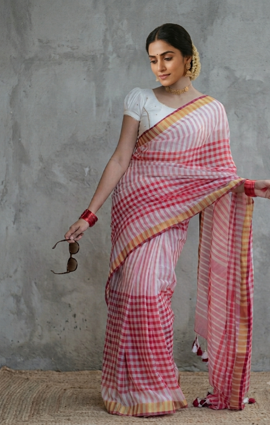 Red and White Checkered Cotton Saree with Golden Border