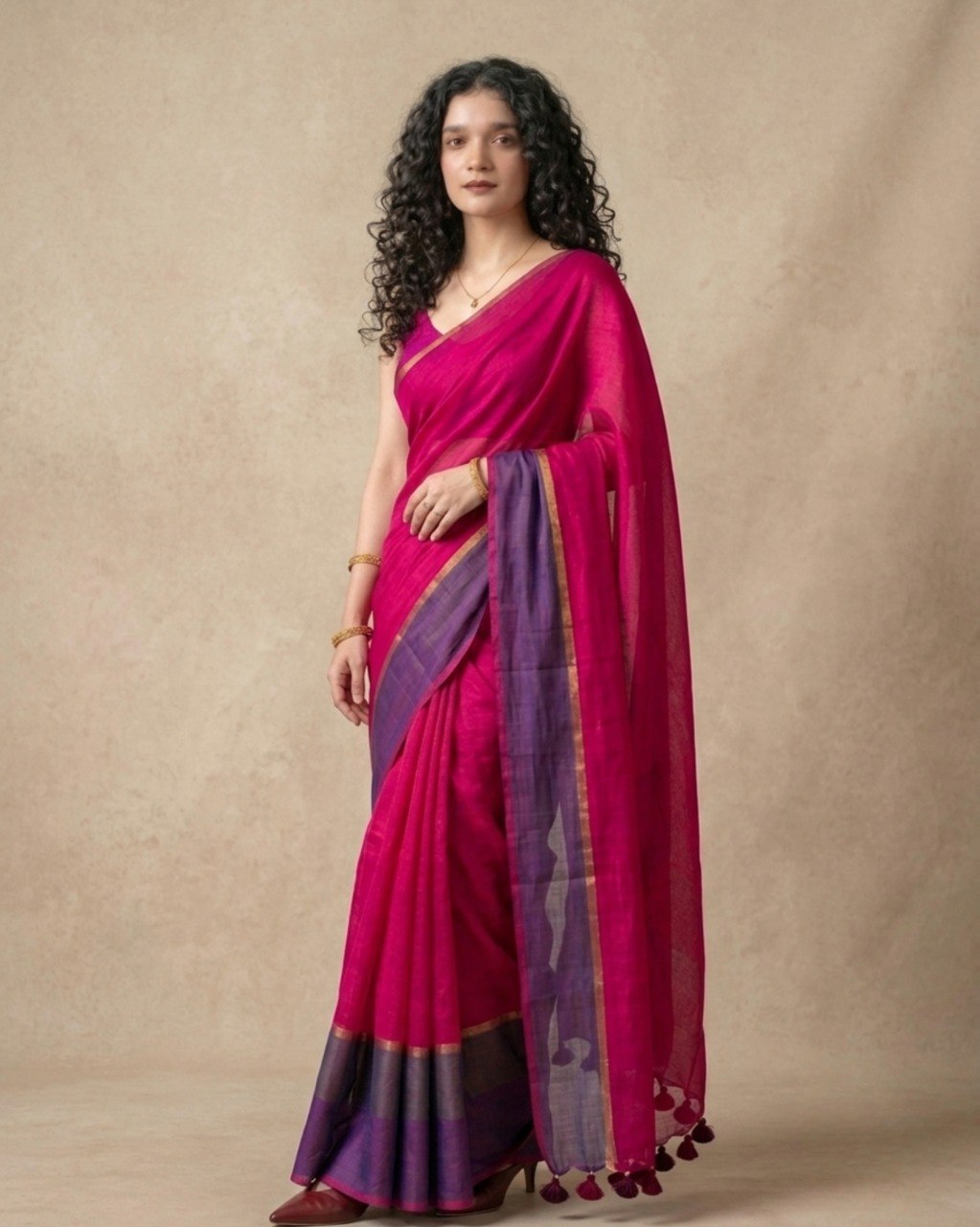 Dual border dark pink mulmul cotton saree