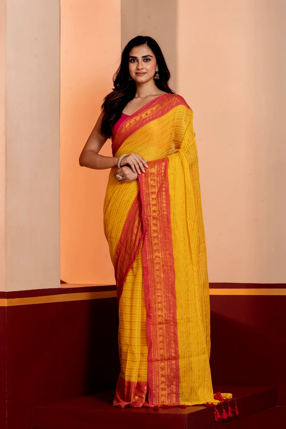 Yellow striped pink kanchi border mulmul saree