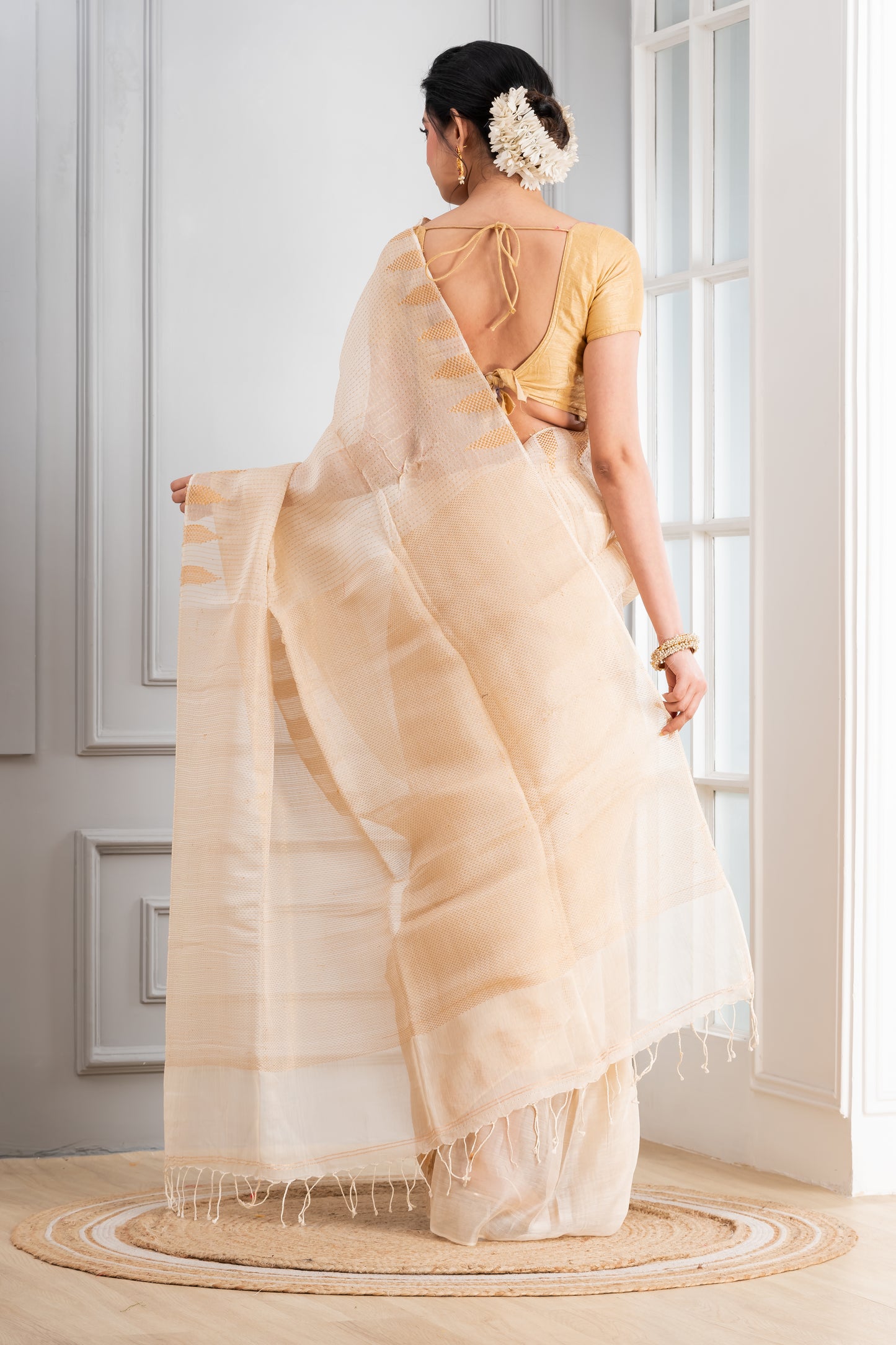 Beige temple Silk Linen Saree