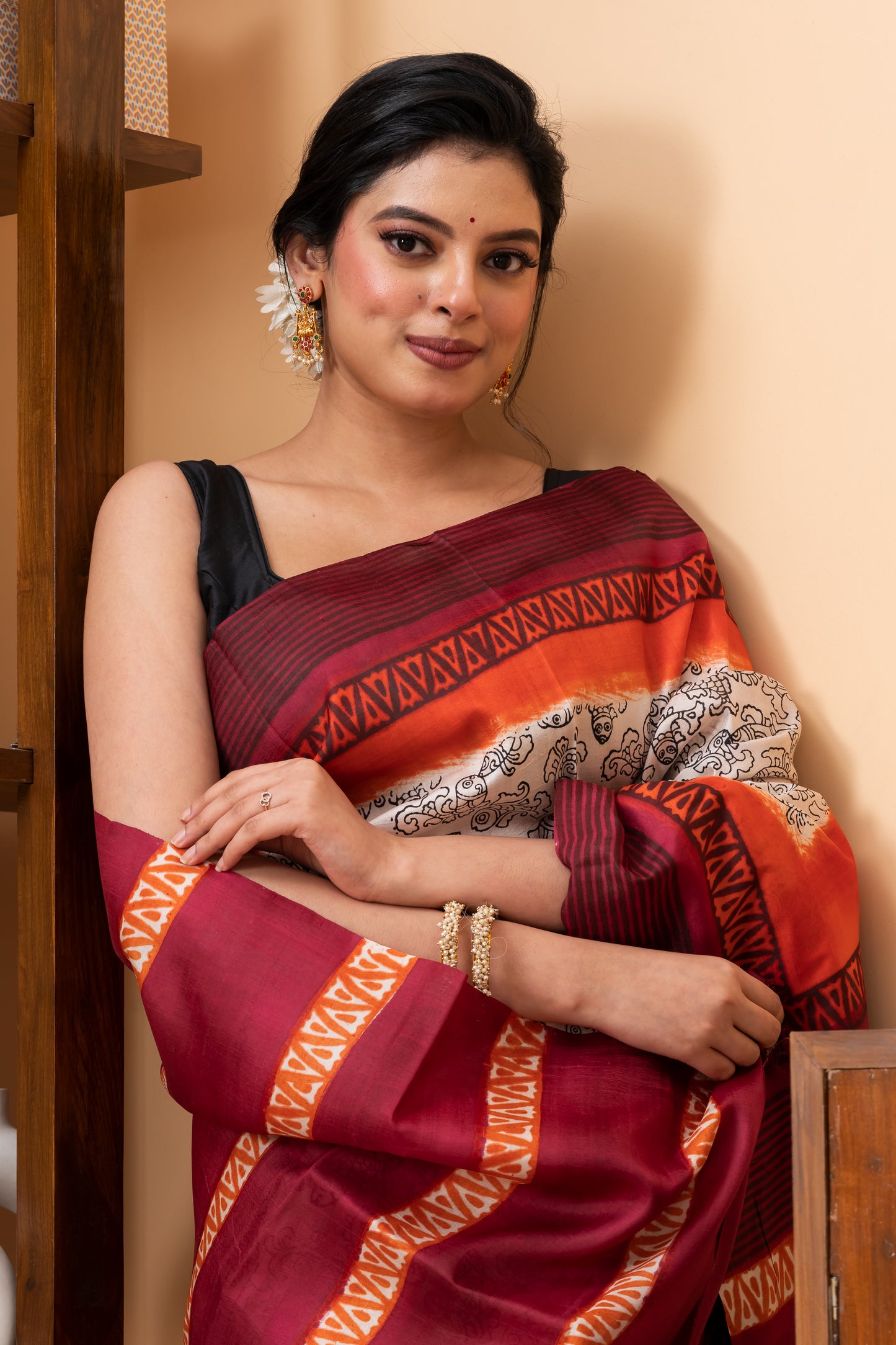 Red and orange border printed pure silk saree