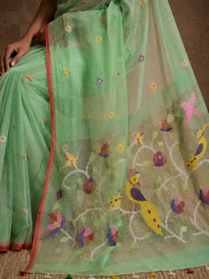 Mint green handspun resham silk saree