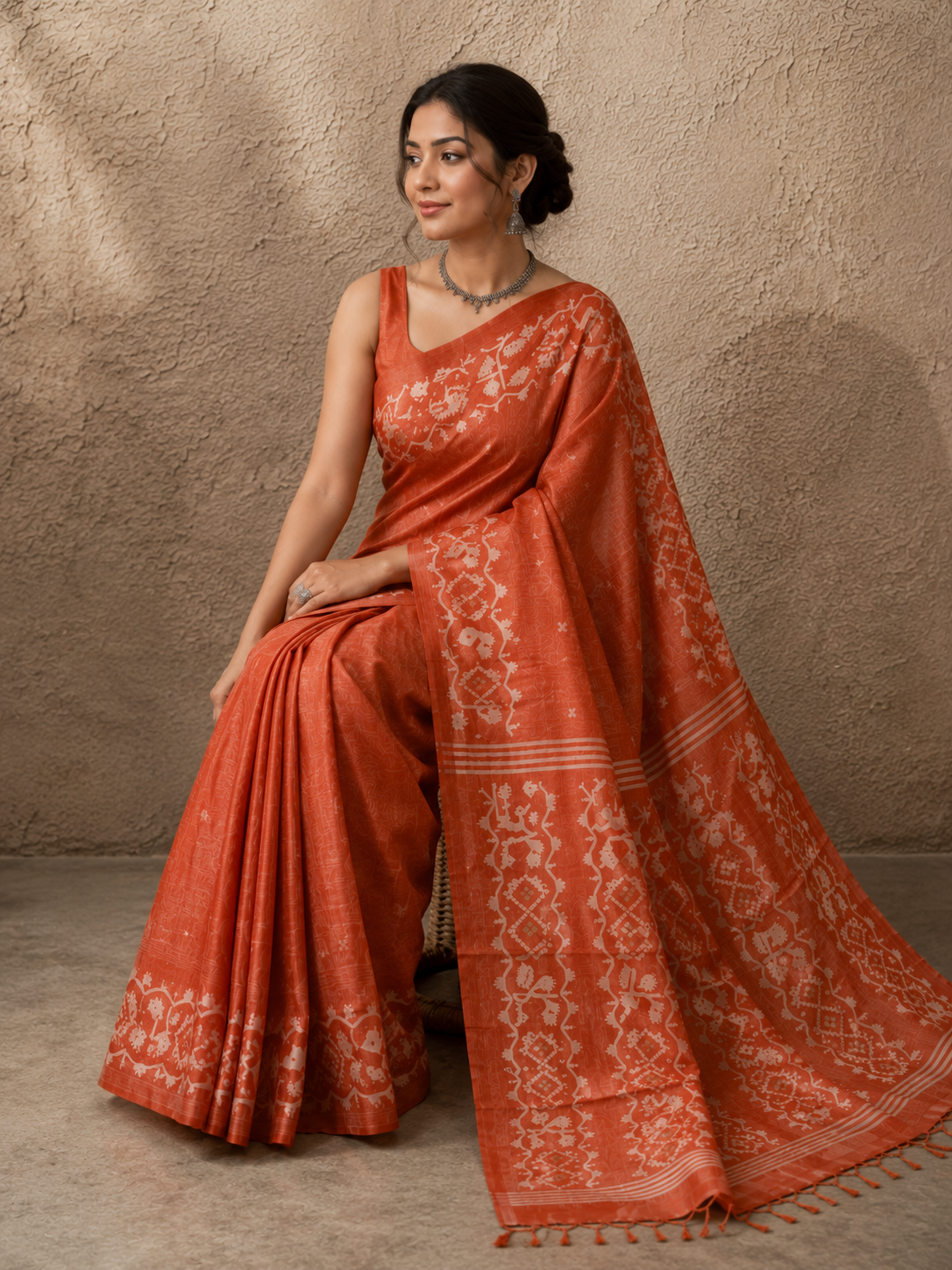 Burnt orange Tussar Jamdani saree