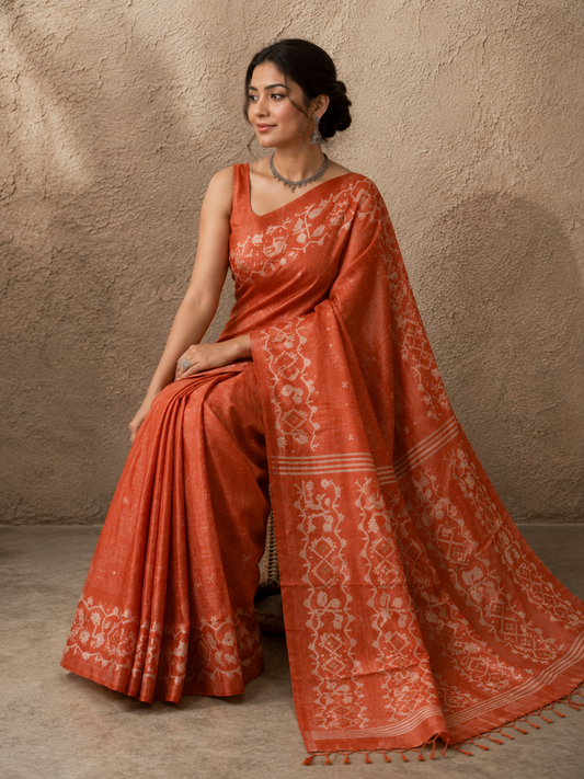 Burnt orange Tussar Jamdani saree