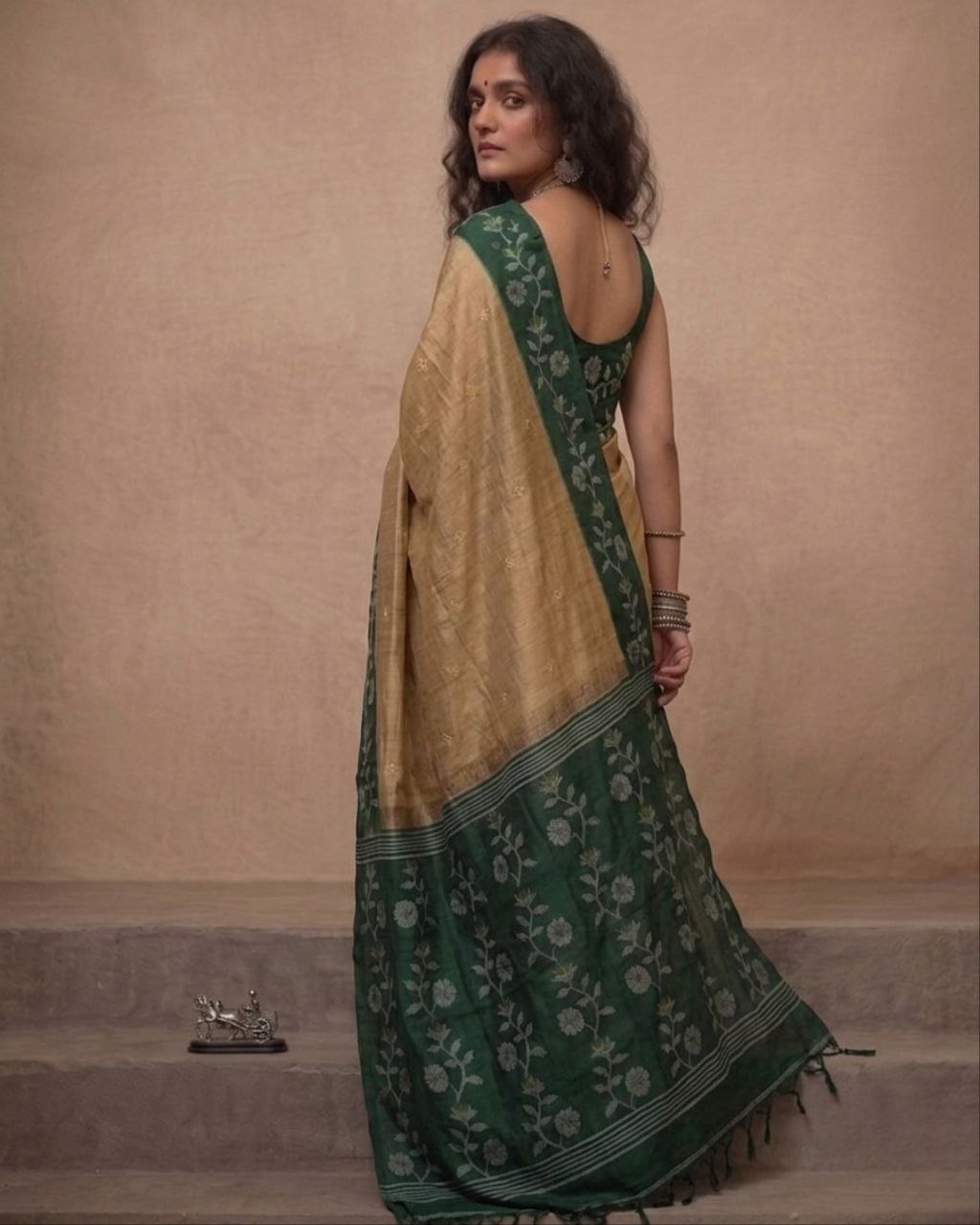 Beige and green tussar Jamdani saree