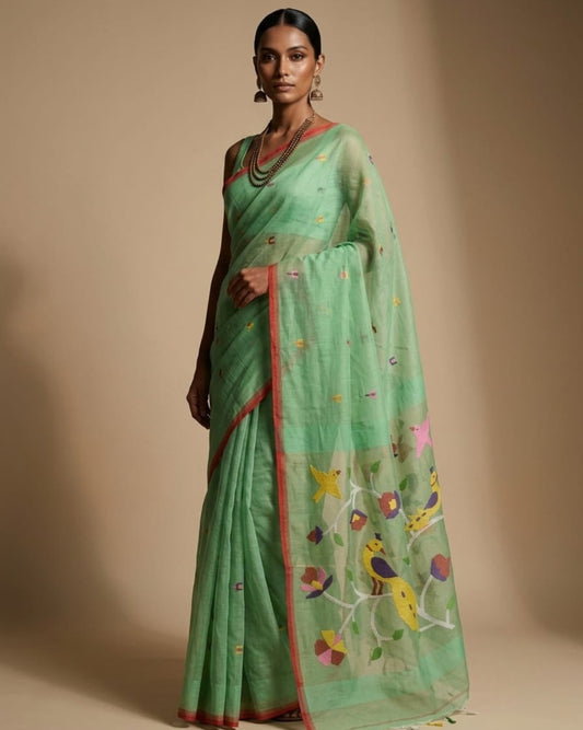 Mint green handspun resham silk saree