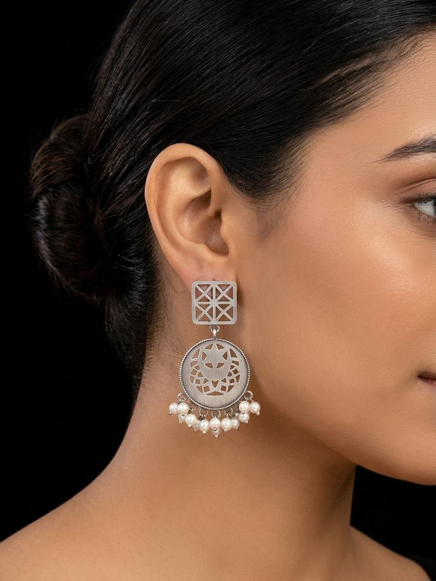 Geometric Lattice & Crescent Pearl Drop Silver-Polish Earrings