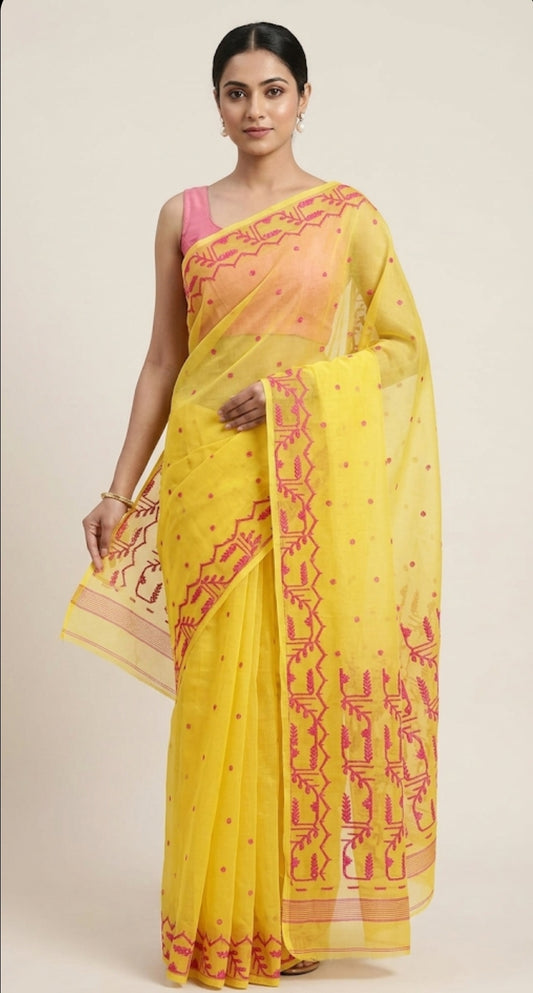 Yellow and red jamdani woven resham Silk