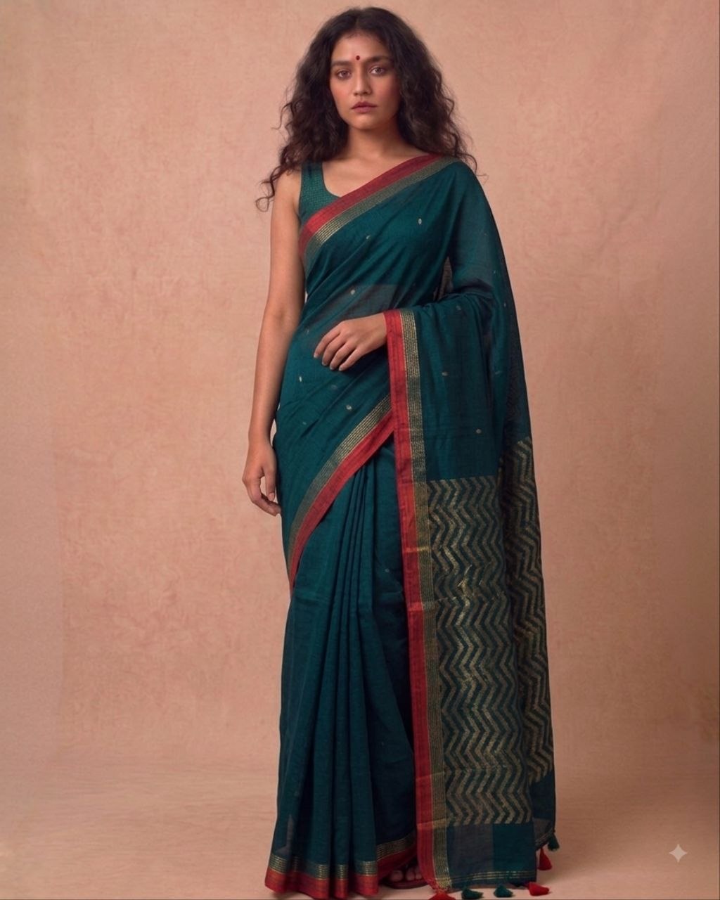 Teal green organic cotton linen saree