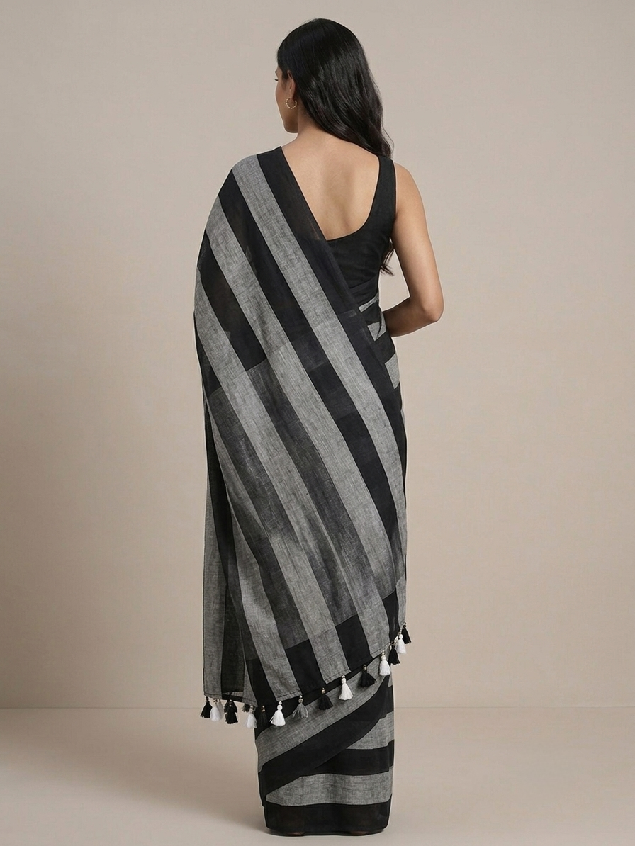 Grey n black striped mulmul cotton saree