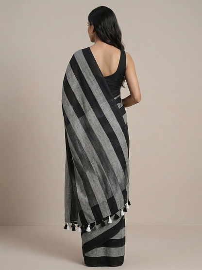 Grey n black striped mulmul cotton saree