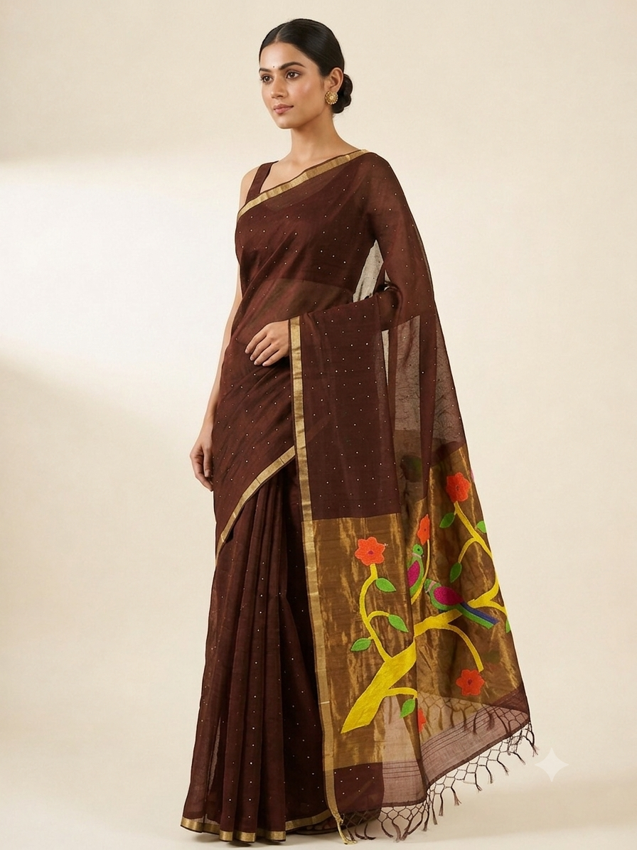 Choco brown handspun white resham paithni silk saree