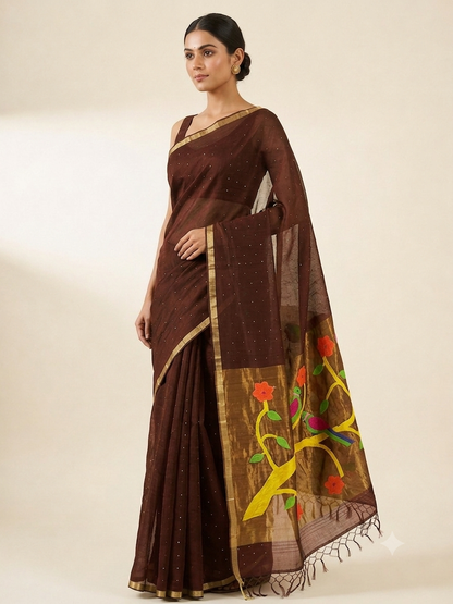 Choco brown handspun white resham paithni silk saree