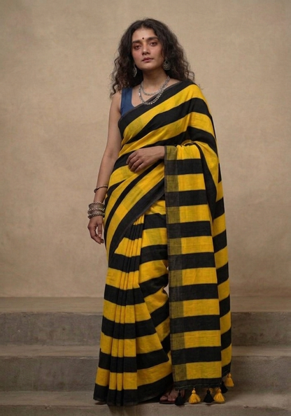 Yellow n black striped mulmul cotton saree