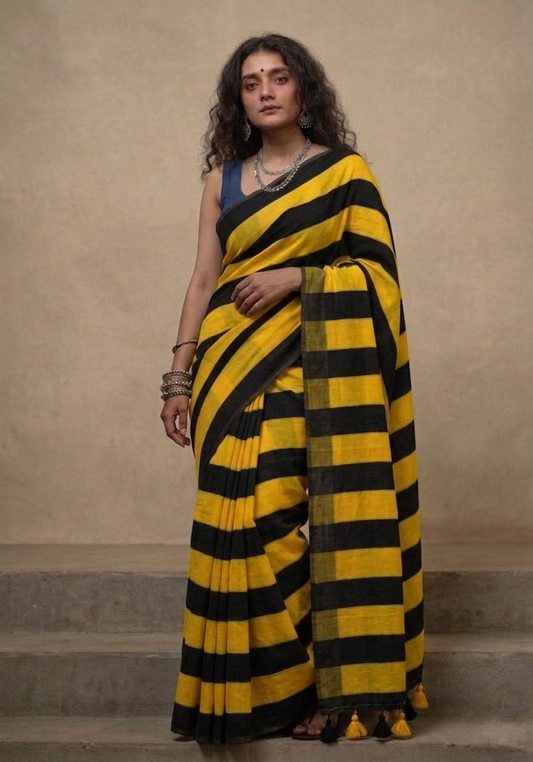 Yellow n black striped mulmul cotton saree