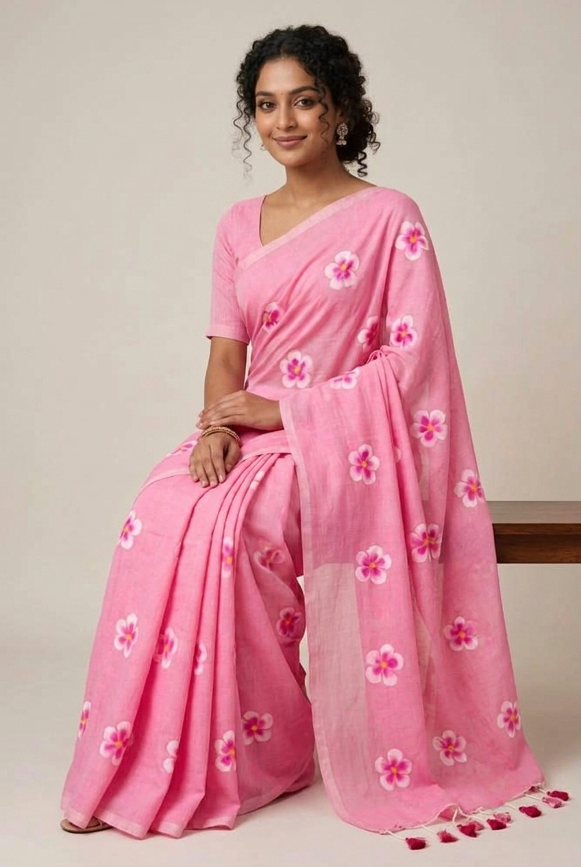 Soft Pink Floral Printed Mul Cotton Saree