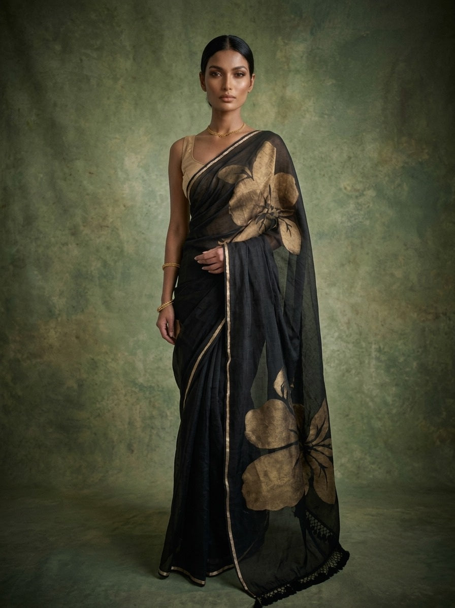 Golden flower black mulmul cotton saree