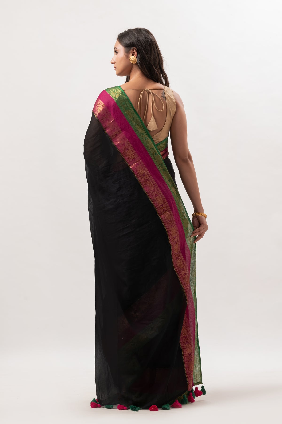 Pink n green kanchi border black mulmul cotton saree