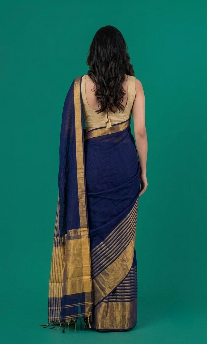 Blue broad zari border Linen Saree