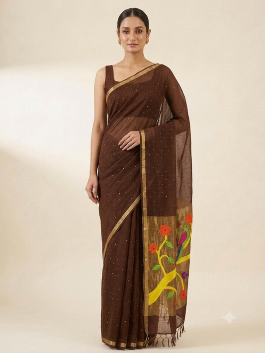Choco brown handspun white resham paithni silk saree
