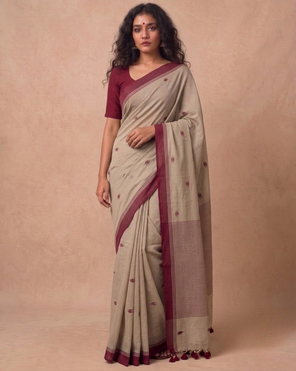 Mitti color handspun cotton saree with maroon bootis
