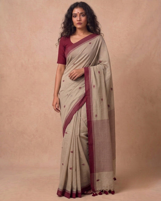 Mitti color handspun cotton saree with maroon bootis