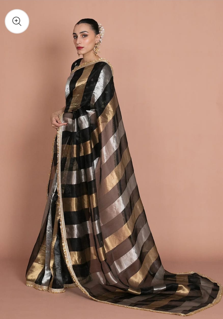 Kora tissue striped saree with brocade blouse piece