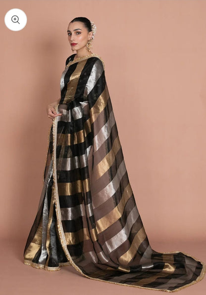Kora tissue striped saree with brocade blouse piece