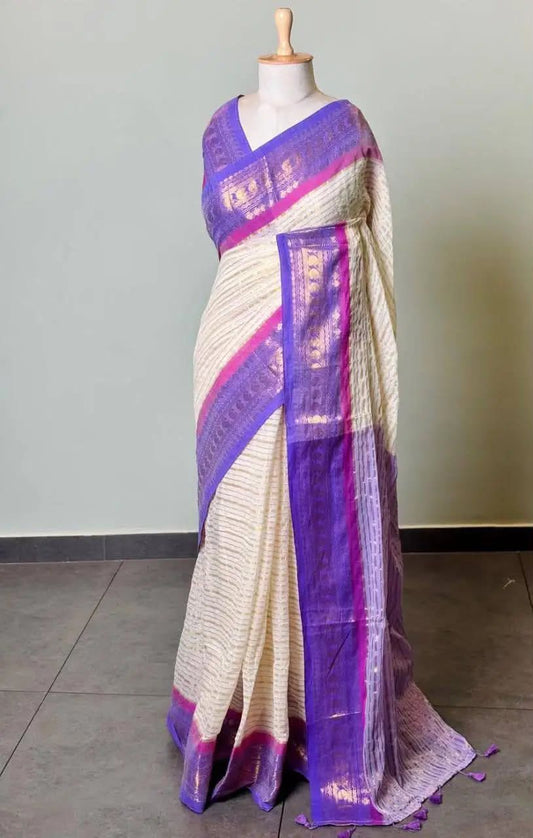 Off white striped base mauve kanchi border mulmul saree