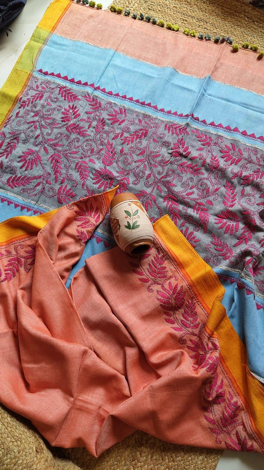 Kantha stitched charkha khadi saree