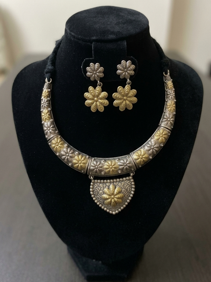 Vintage Dual-Tone Floral Hashuli Choker Necklace and Earring Set