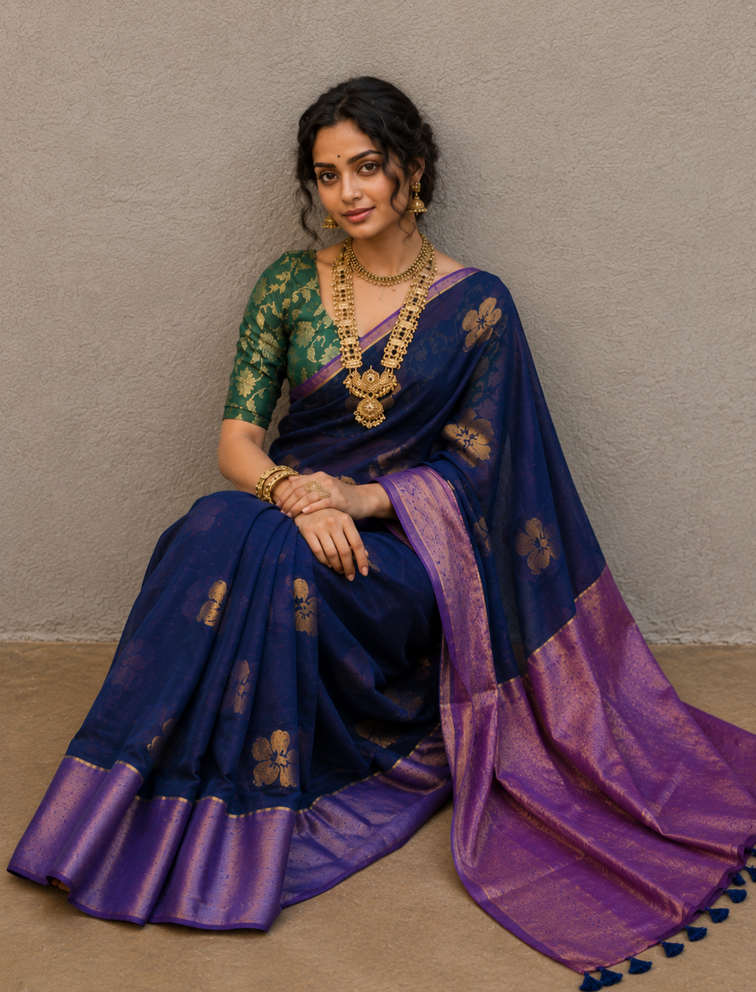 Navy blue mulmul cotton flower motif saree