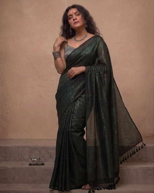 Black cotton saree all over striped