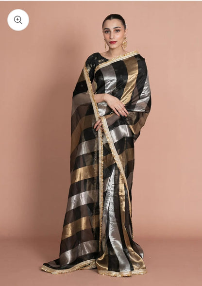 Kora tissue striped saree with brocade blouse piece