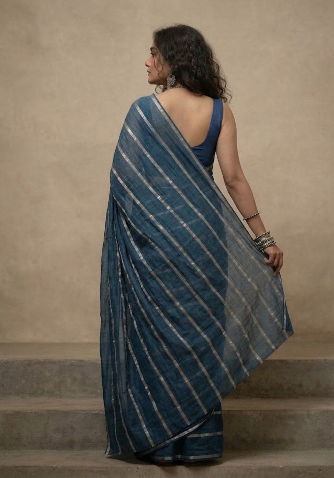 Indigo blue striped mulmul cotton saree