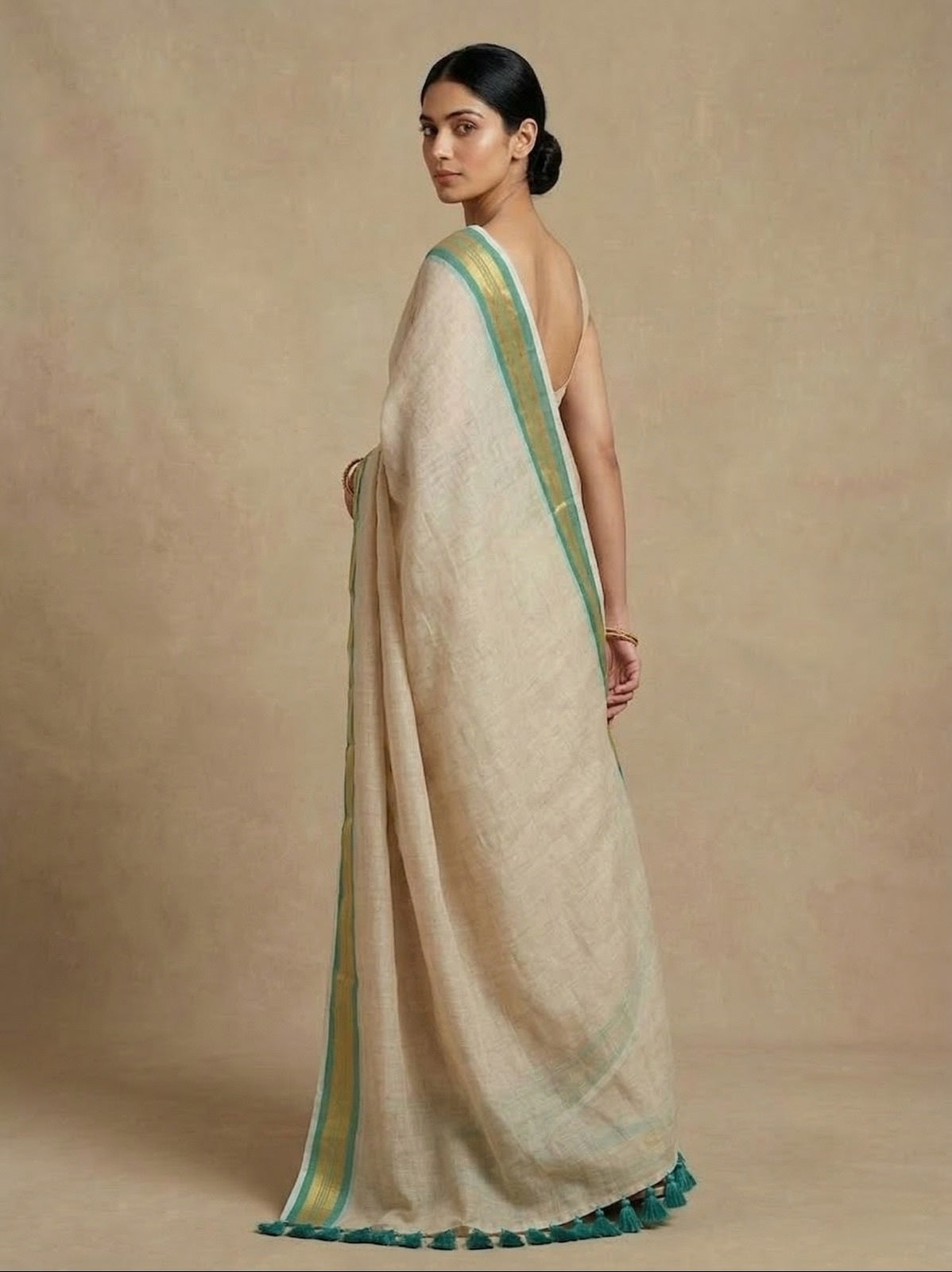 White mulmul cotton saree green zari border
