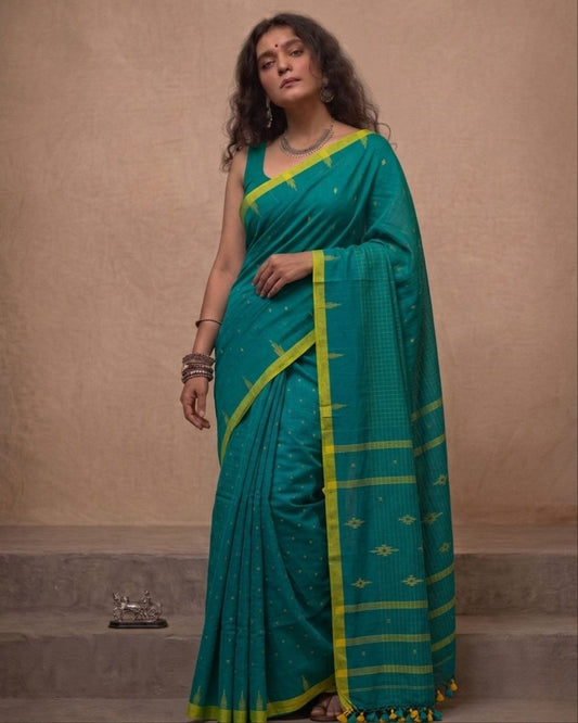 Sea blue check handspun cotton saree
