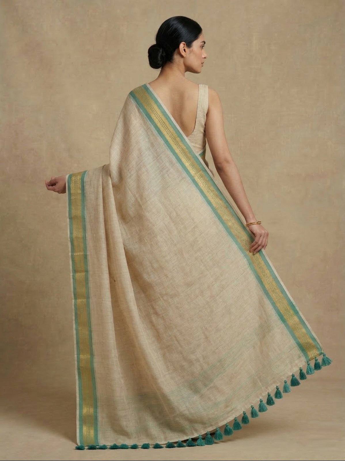 White mulmul cotton saree green zari border