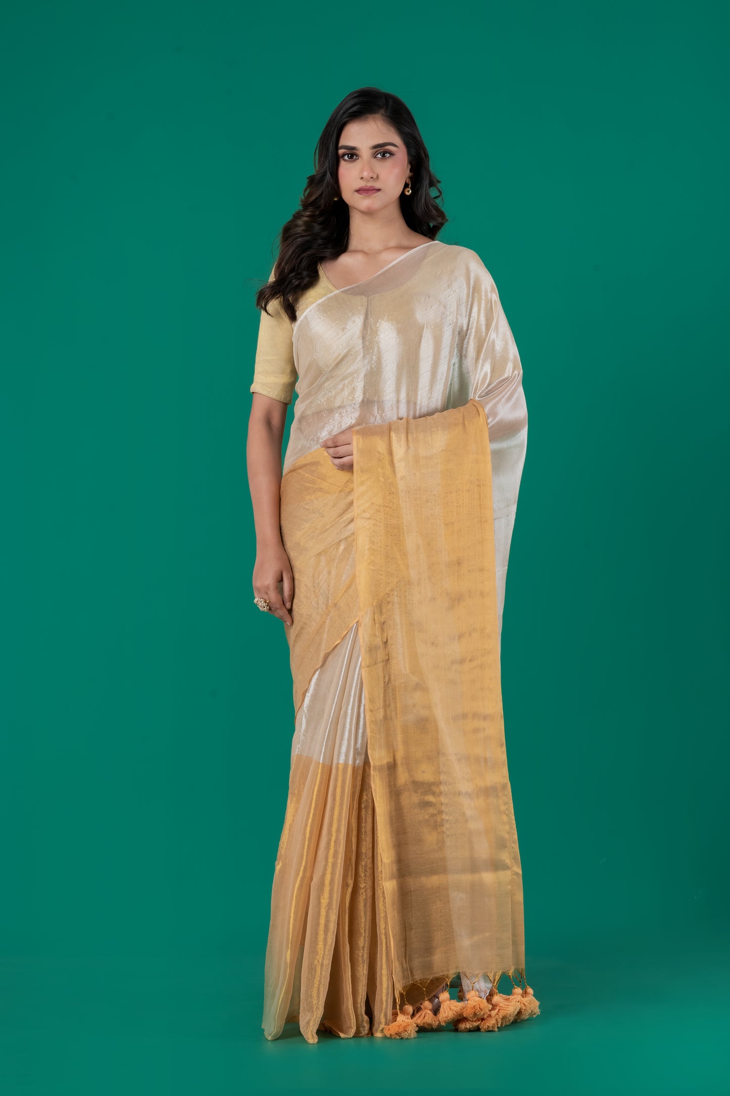 Half n half gold silver Tissue cotton saree