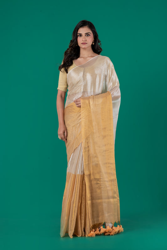 Half n half gold silver Tissue cotton saree