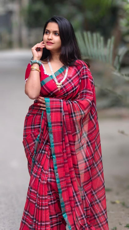 Check mulmul cotton saree