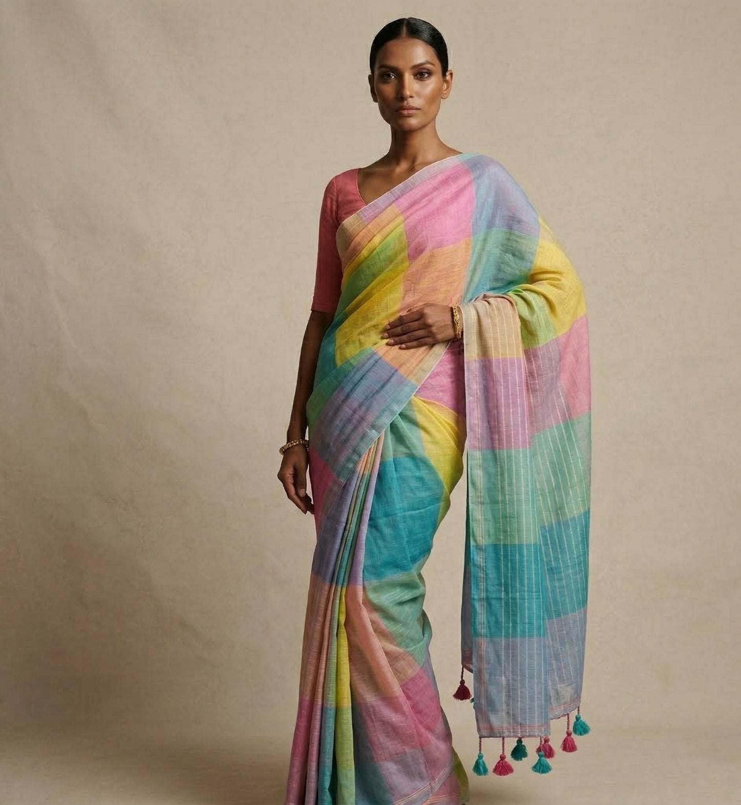 Multi colour check mulmul cotton saree