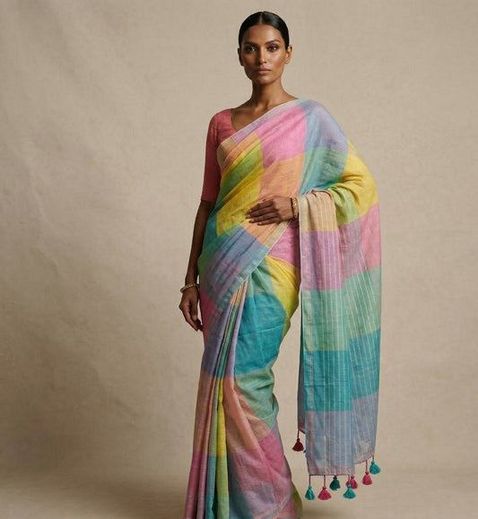 Multi colour check mulmul cotton saree