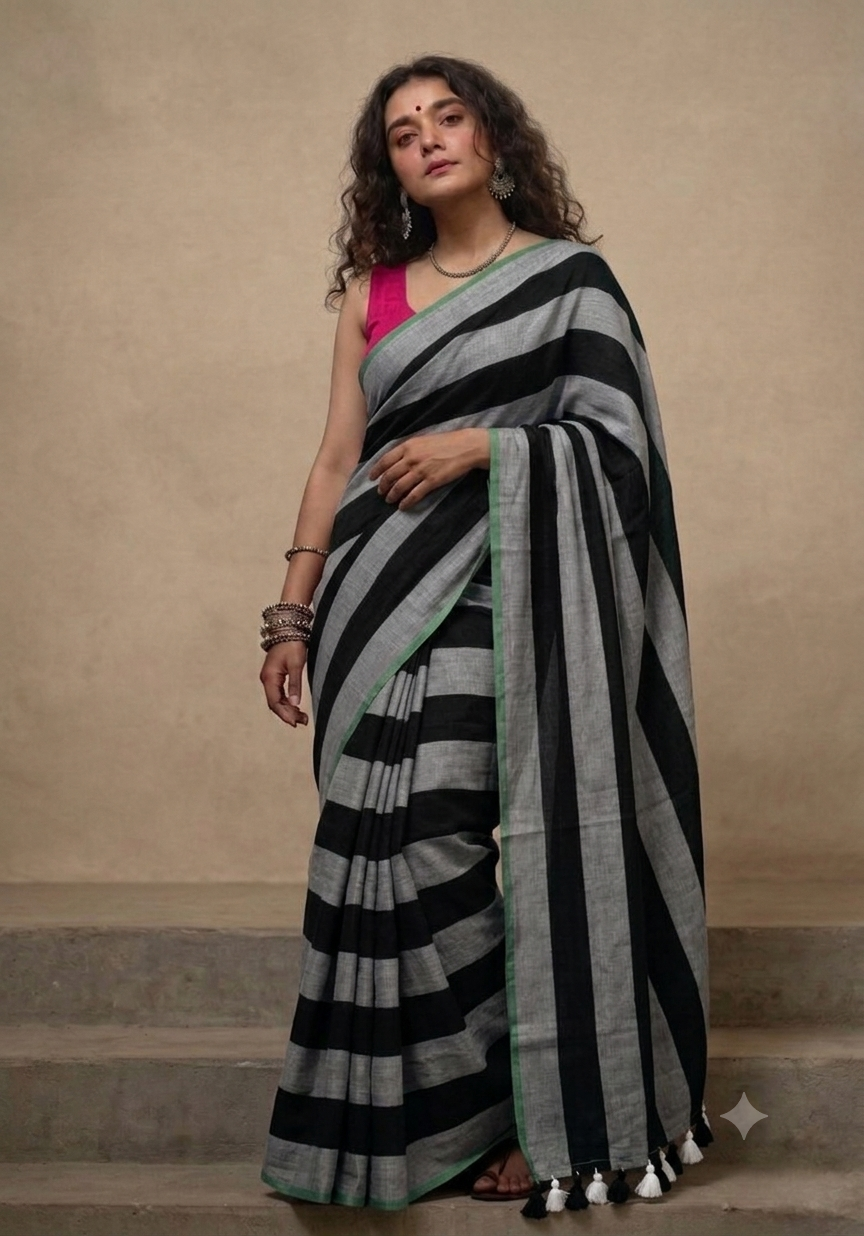 Grey n black striped mulmul cotton saree