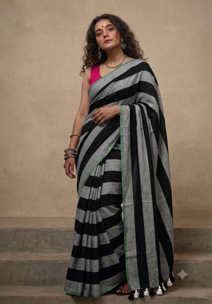 Grey n black striped mulmul cotton saree