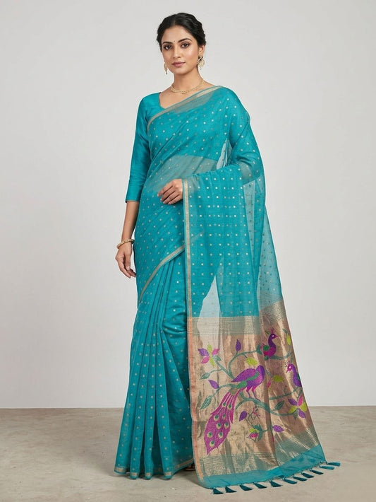 Handspun resham turqoise silk saree