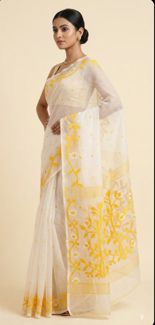 Offwhite jamdani woven pure resham Silk